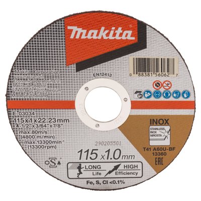 Тонкий отрезной диск для нержавеющей стали 115х1х22,23мм 60U, плоский с повышенным ресурсом Makita (E-03034) E-03034 фото