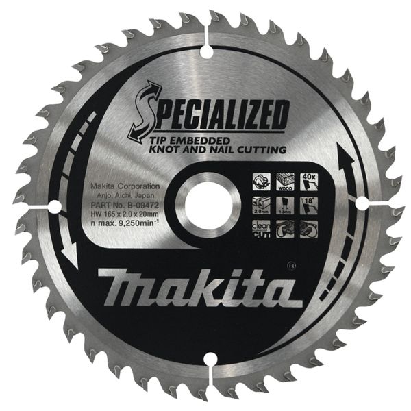 Пиляльний диск Makita по деревині із цвяхами SPECIALIZED 165х20 мм 40 зубів (B-09472) B-09472 фото